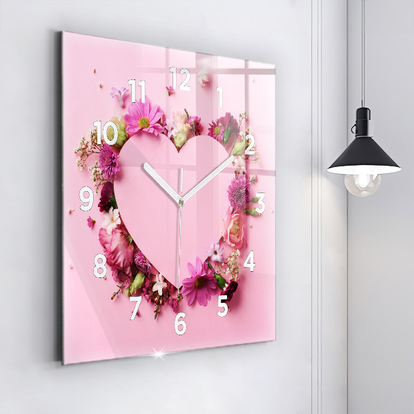 Square glass wall clock Heart of flowers