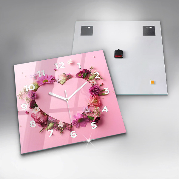 Square glass wall clock Heart of flowers