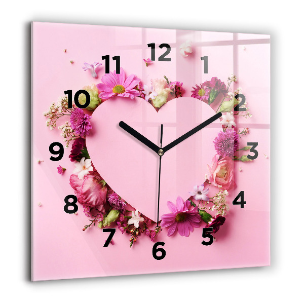 Square glass wall clock Heart of flowers