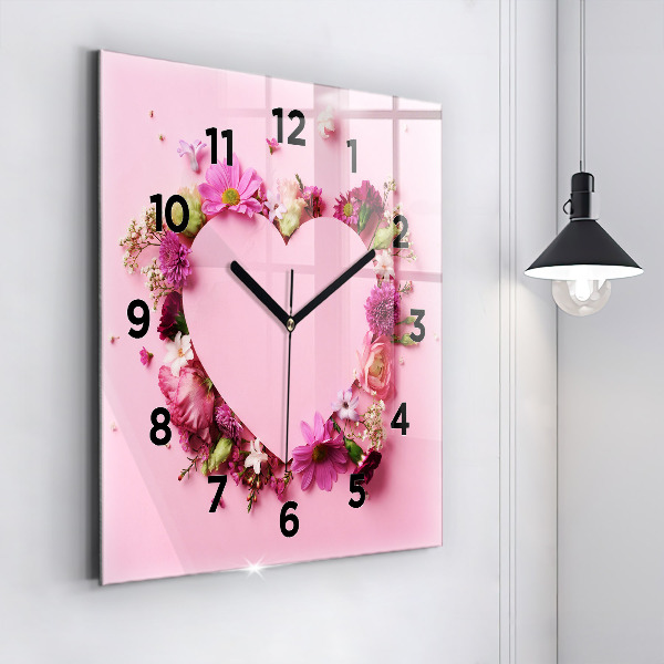Square glass wall clock Heart of flowers