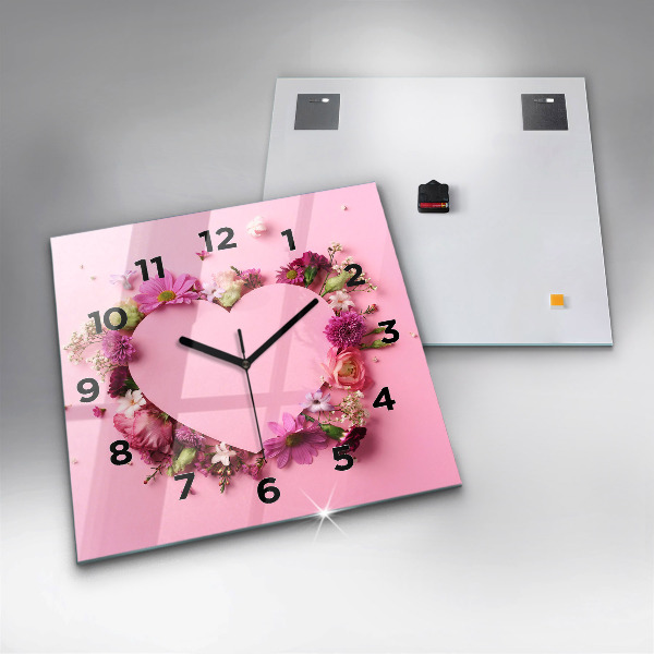Square glass wall clock Heart of flowers