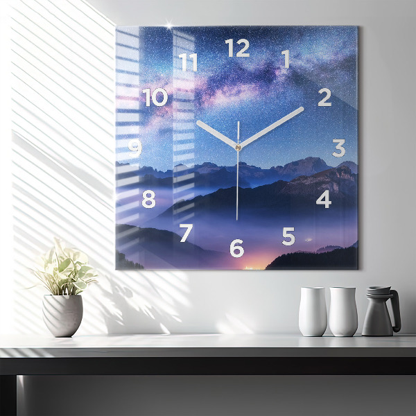 Square glass wall clock Milky Way and Mountains