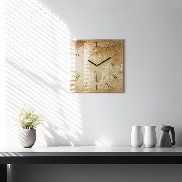 Square glass wall clock Vintage world map
