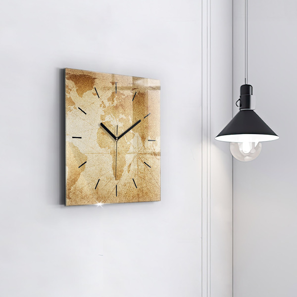 Square glass wall clock Vintage world map