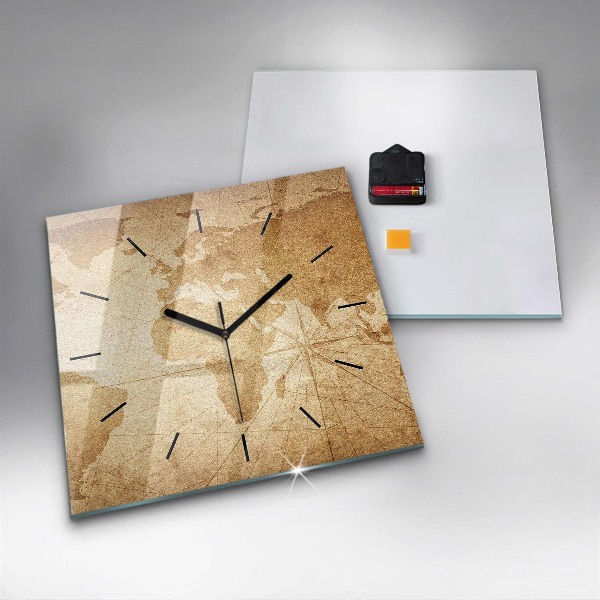 Square glass wall clock Vintage world map
