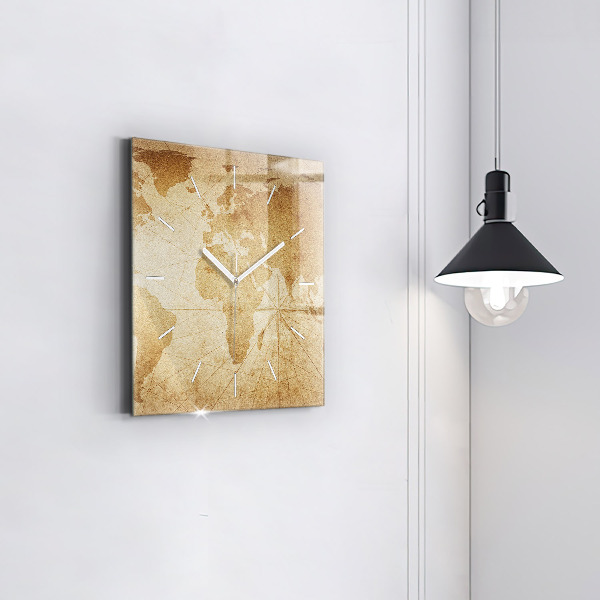 Square glass wall clock Vintage world map