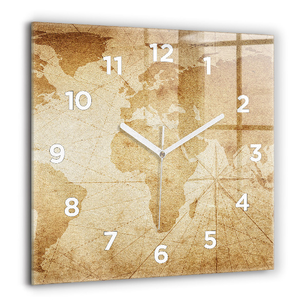 Square glass wall clock Vintage world map