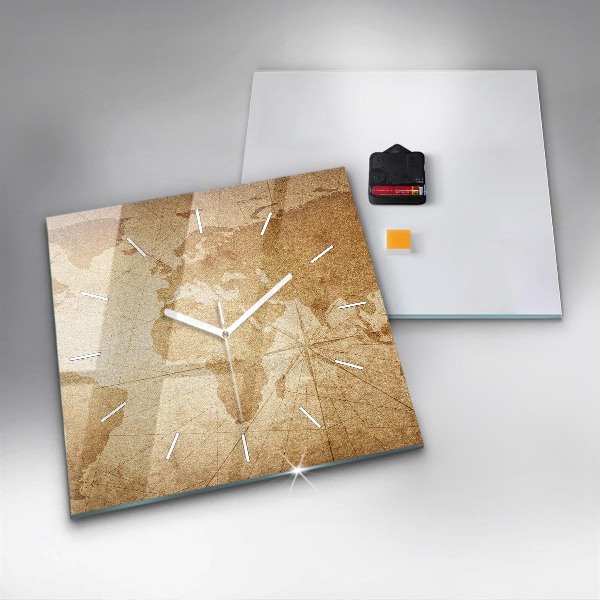 Square glass wall clock Vintage world map
