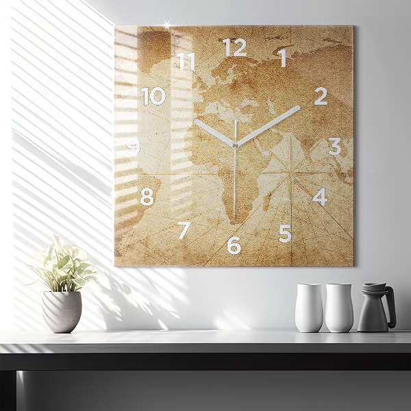 Square glass wall clock Vintage world map