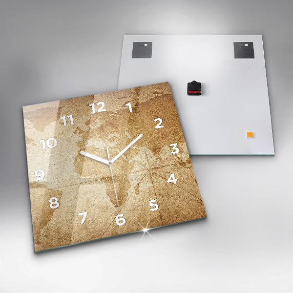 Square glass wall clock Vintage world map