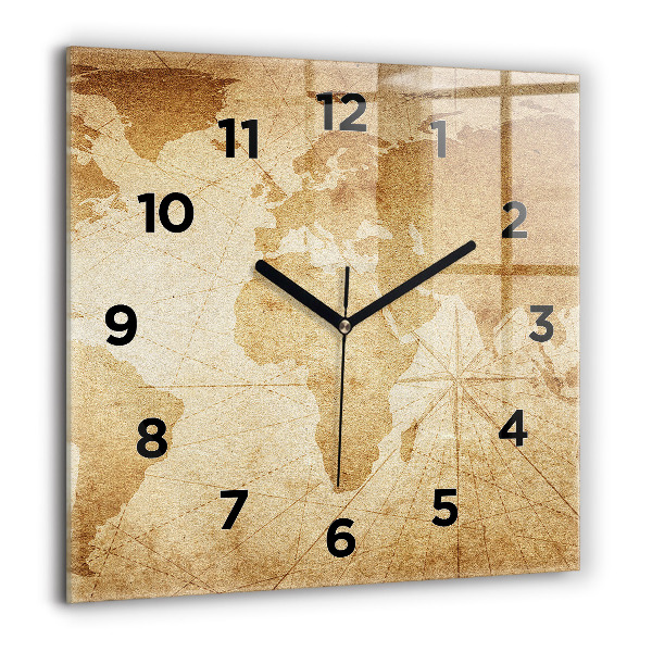 Square glass wall clock Vintage world map