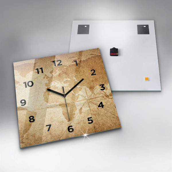 Square glass wall clock Vintage world map