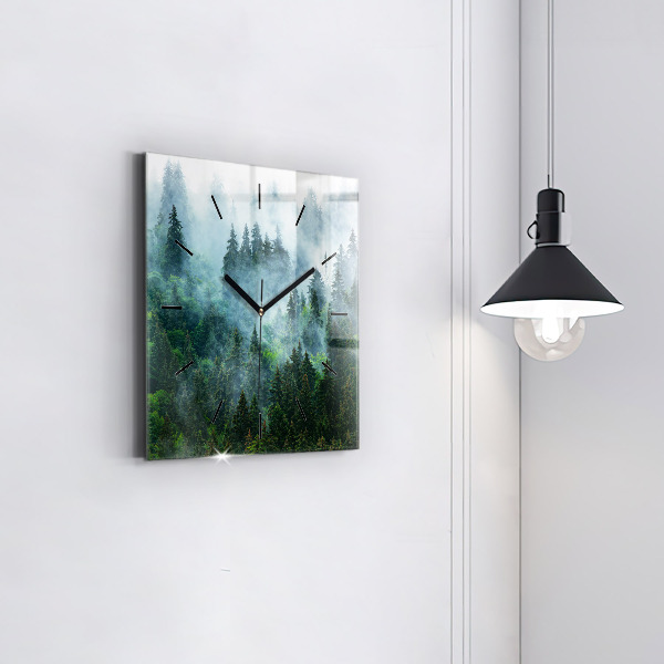 Square glass wall clock Misty forest