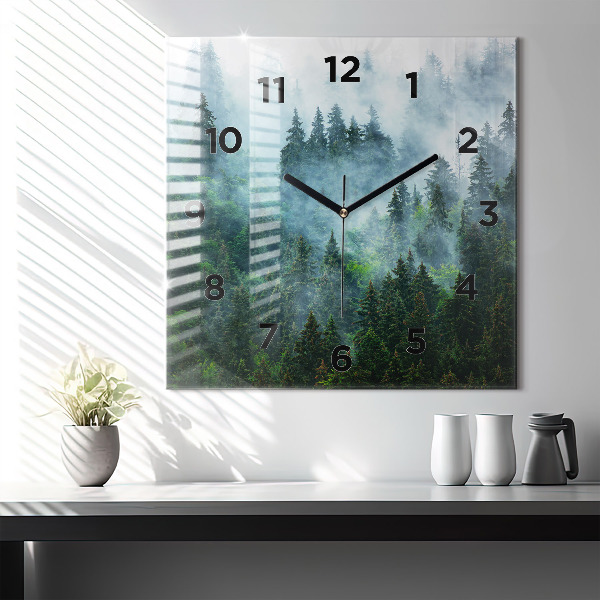 Square glass wall clock Misty forest