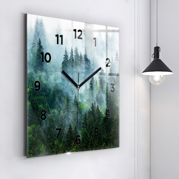 Square glass wall clock Misty forest
