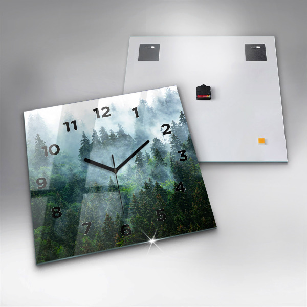 Square glass wall clock Misty forest