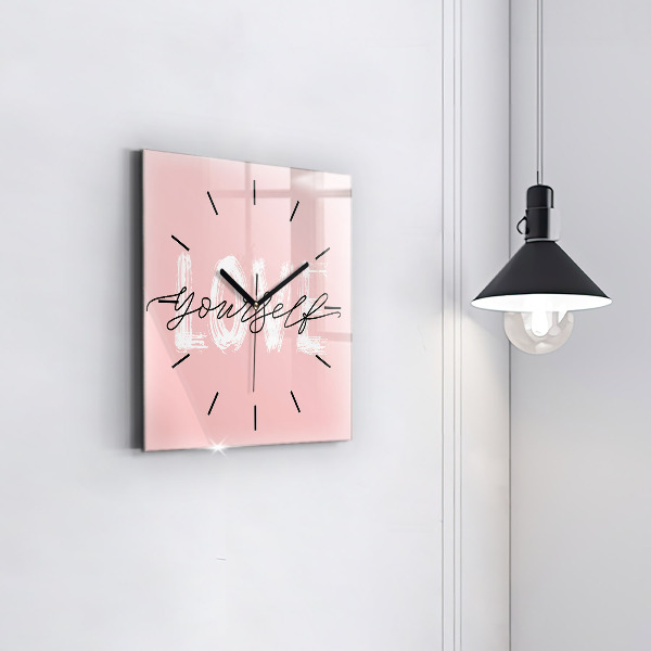 Square glass wall clock The inscription Love yourself