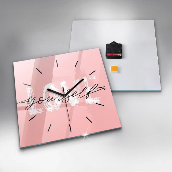 Square glass wall clock The inscription Love yourself