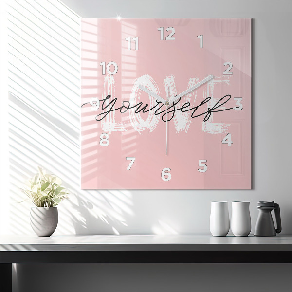 Square glass wall clock The inscription Love yourself