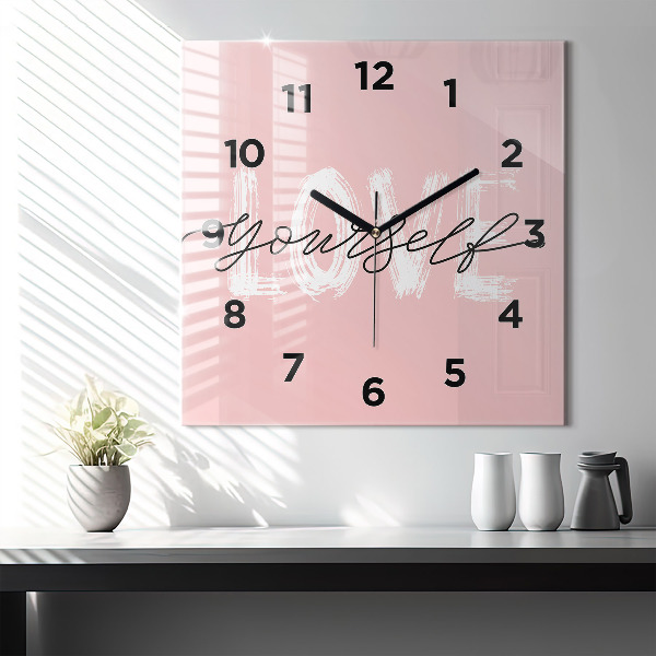Square glass wall clock The inscription Love yourself
