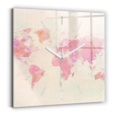 Square glass wall clock Watercolor world map