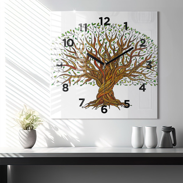 Square glass wall clock Tree and roots