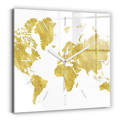 Square glass wall clock Golden map of the world