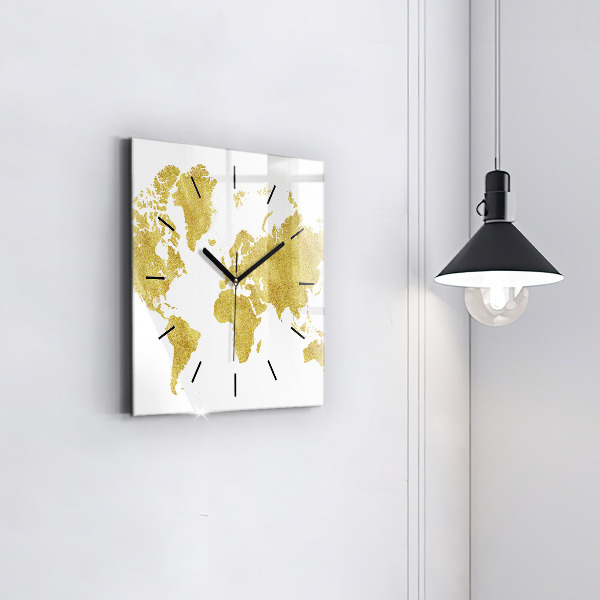 Square glass wall clock Golden map of the world