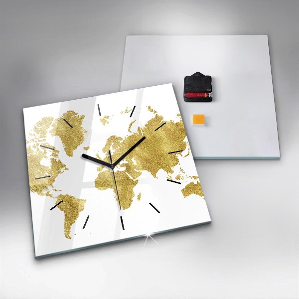 Square glass wall clock Golden map of the world