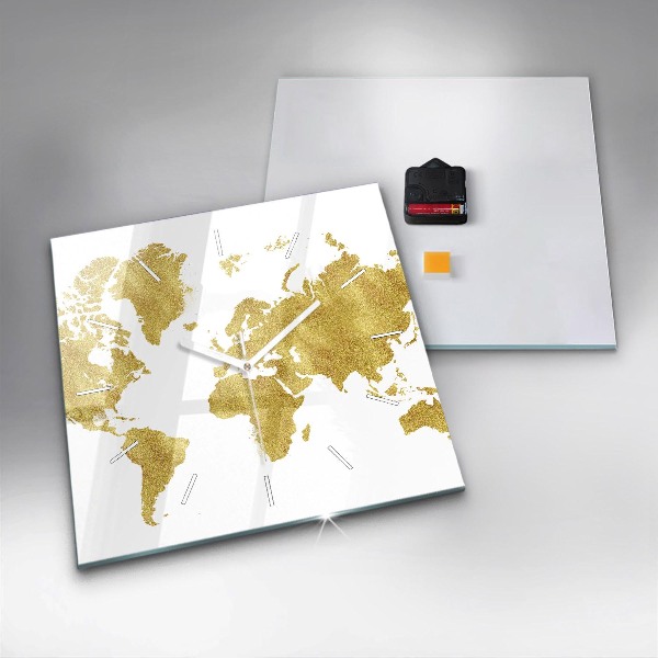 Square glass wall clock Golden map of the world