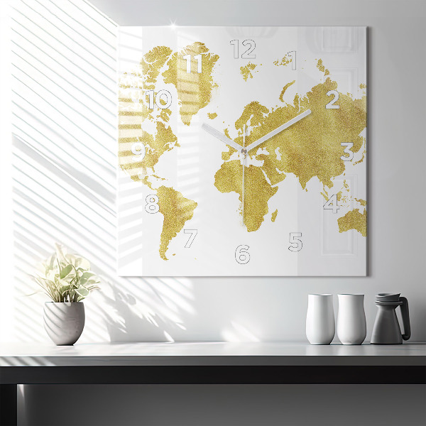 Square glass wall clock Golden map of the world