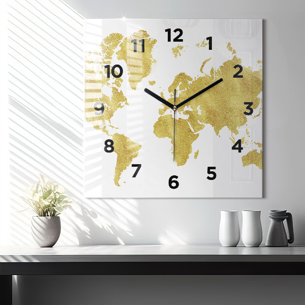 Square glass wall clock Golden map of the world