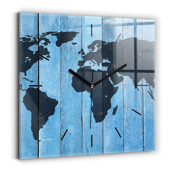 Square glass wall clock World map on boards