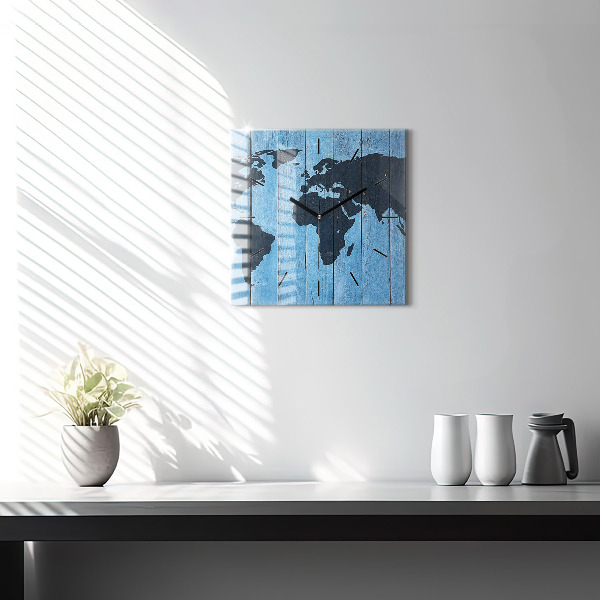Square glass wall clock World map on boards
