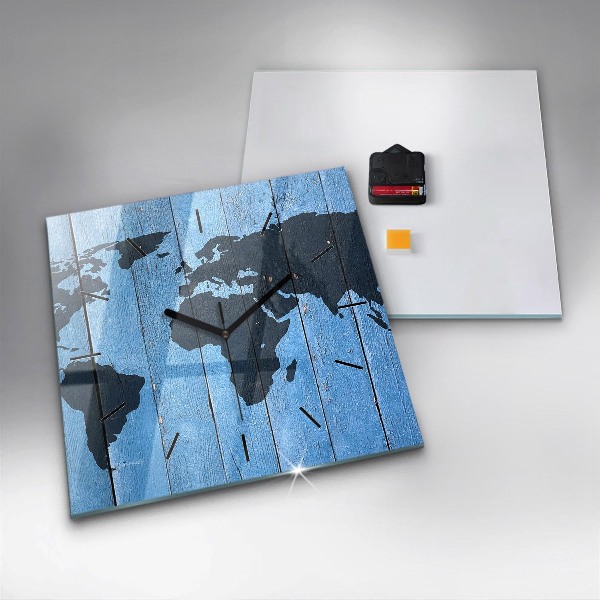 Square glass wall clock World map on boards