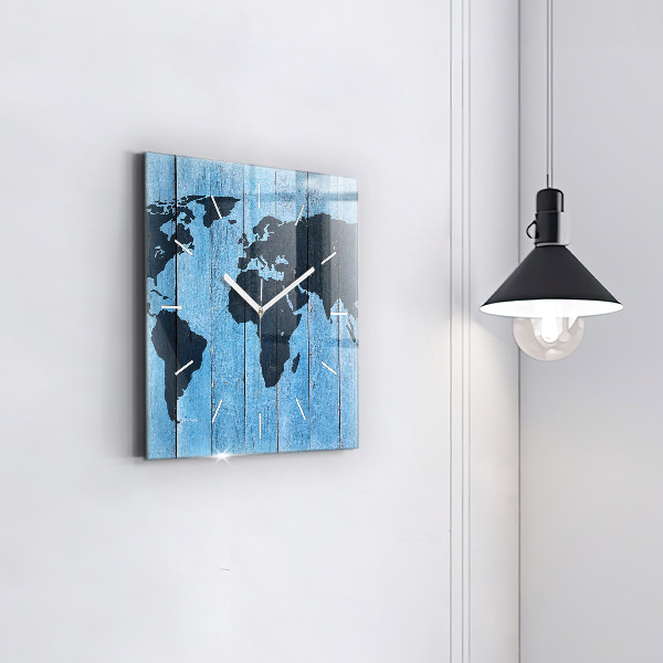 Square glass wall clock World map on boards