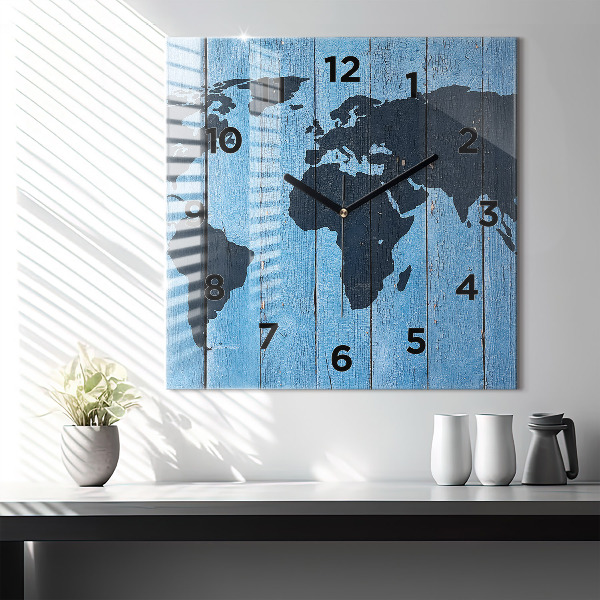 Square glass wall clock World map on boards