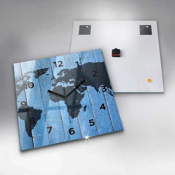 Square glass wall clock World map on boards