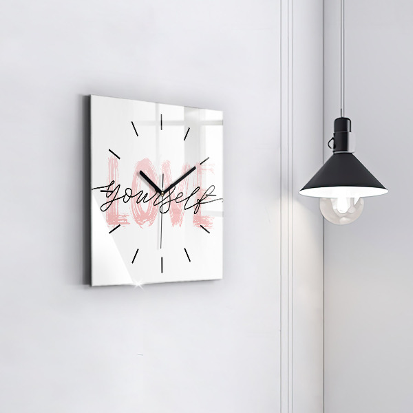 Square glass wall clock The inscription Love yourself