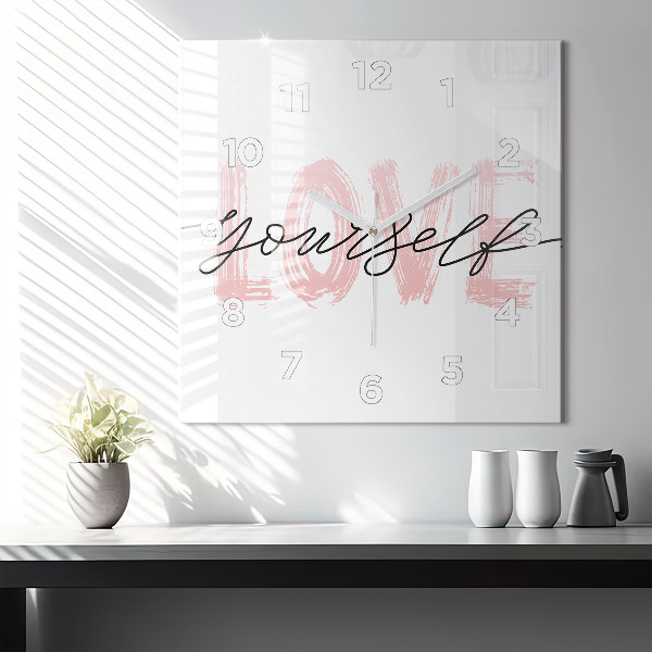 Square glass wall clock The inscription Love yourself