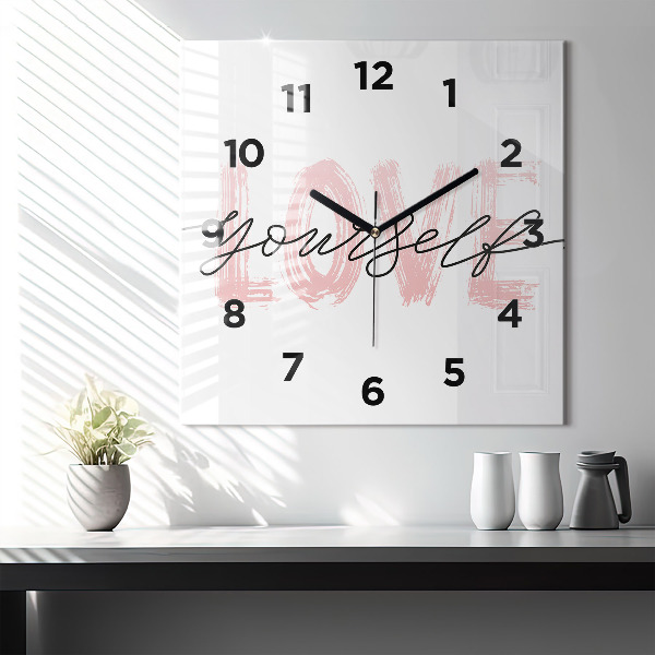 Square glass wall clock The inscription Love yourself