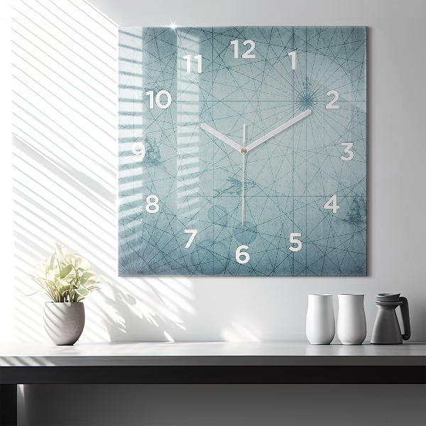 Square glass wall clock Vintage map