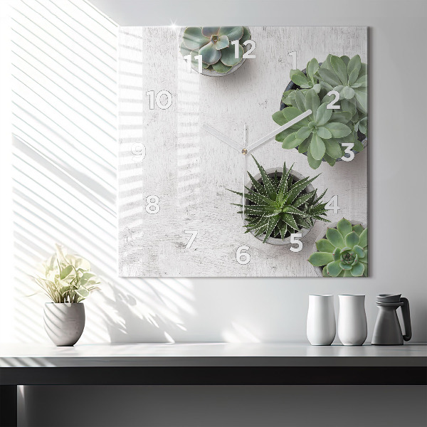 Square glass wall clock Ornamental plants
