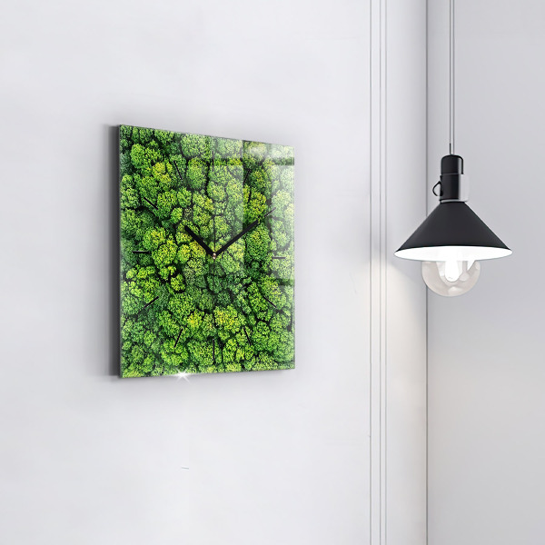 Square glass wall clock Forest from above