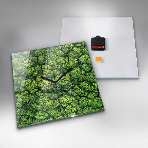 Square glass wall clock Forest from above