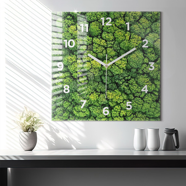 Square glass wall clock Forest from above