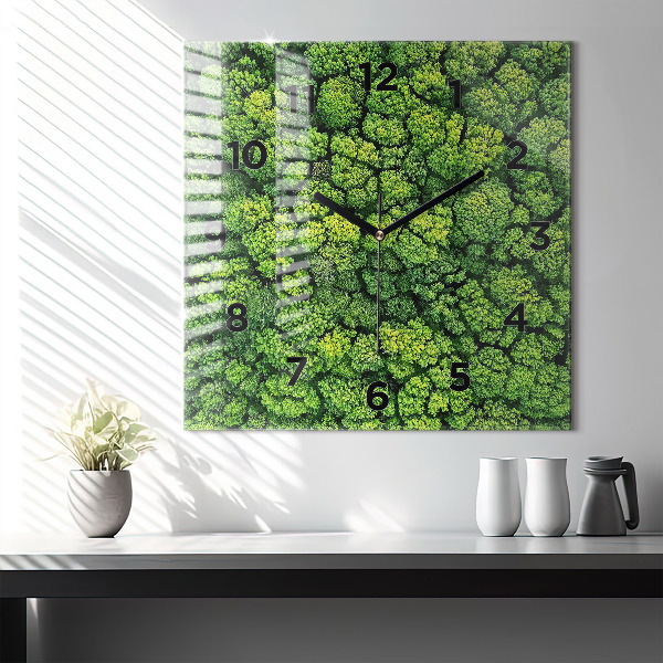 Square glass wall clock Forest from above
