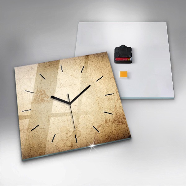 Square glass wall clock Old world map