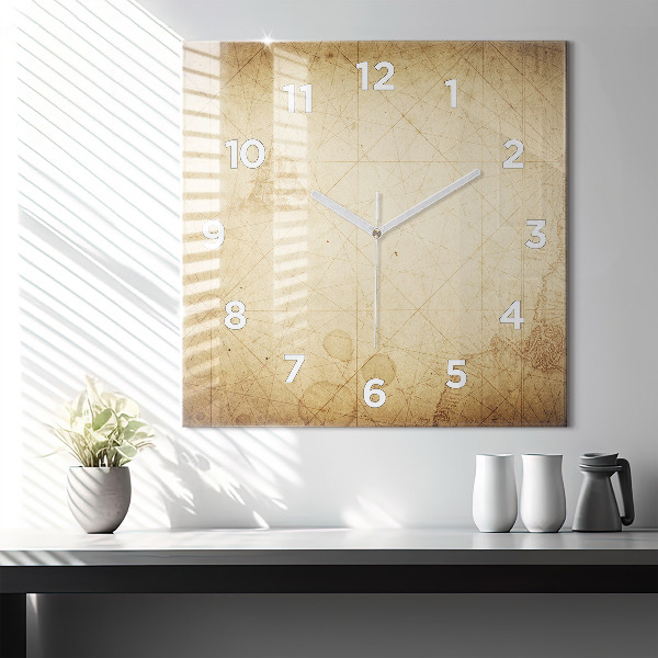 Square glass wall clock Old world map