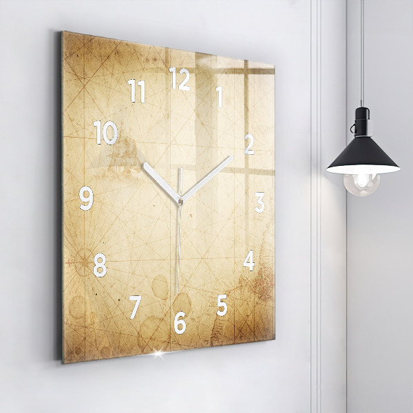 Square glass wall clock Old world map
